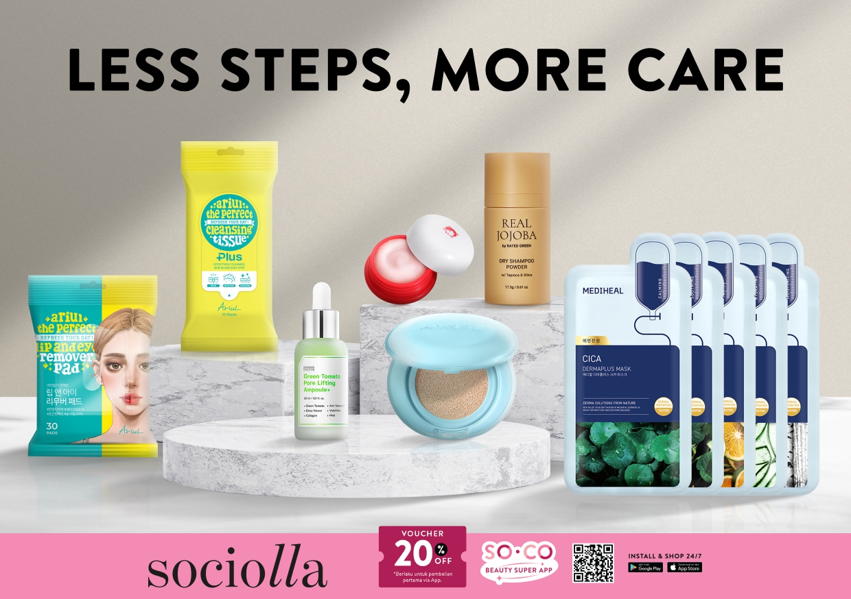 skincare praktis - ilustrasi berita Sociolla Rilis Konsep "Less Steps, More Care" untuk Penuhi Kebutuhan Skincare…